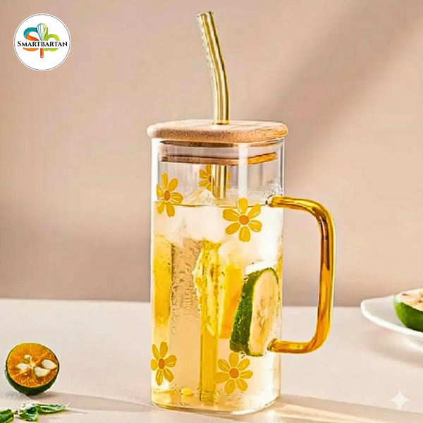 Floral Printed Glass with Wooden lid and Straw