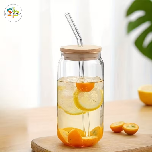 Round Glass Tumbler with Wooden lid and Straw